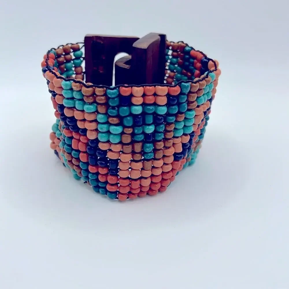 Colorful Boho Beaded Bracelet w/wooden clasp